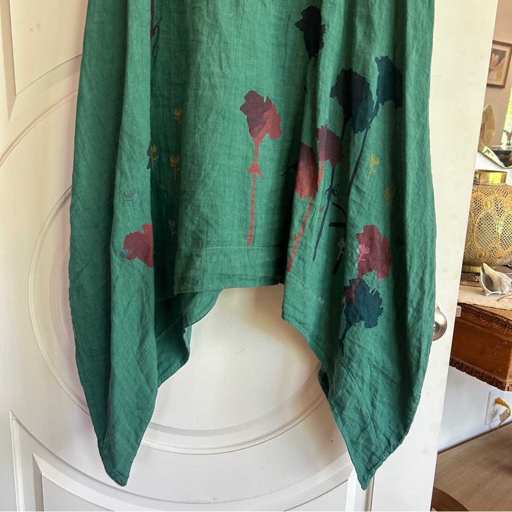 Blue Fish Handmade Hand Painted Teal Floral Summer Linen Dress EUC - Picture 2 of 6